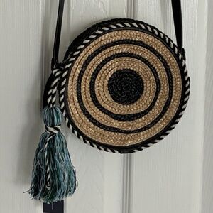 NWT $145 REBECCA MINKOFF Straw Raffia Circle Round Crossbody Bag - Black